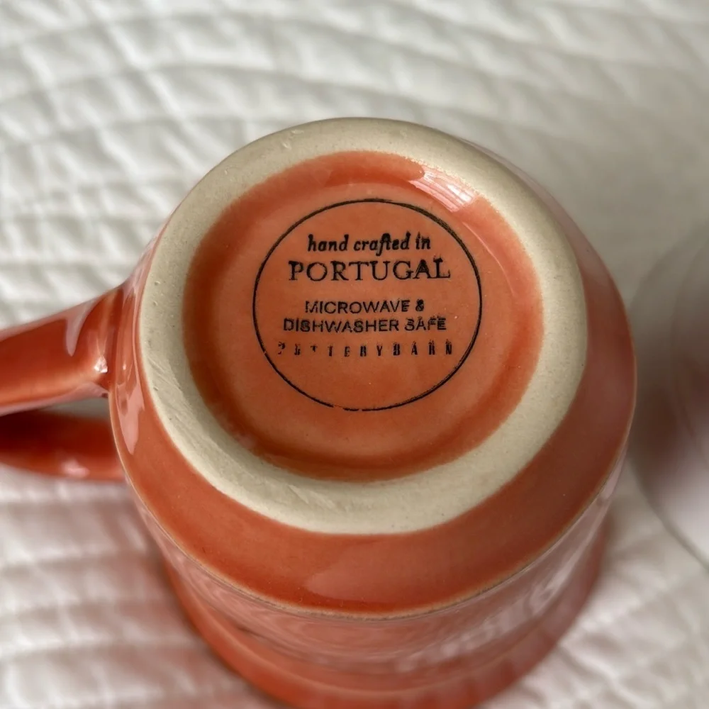 2 Pottery Barn Coffee Mugs Handcrafted in Portugal Terracotta/ Rust White